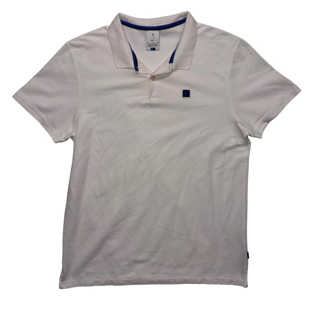 Nike Roger Federer RF Polo Shirt Mens Large White Blue Short Sleeve Pique P0767